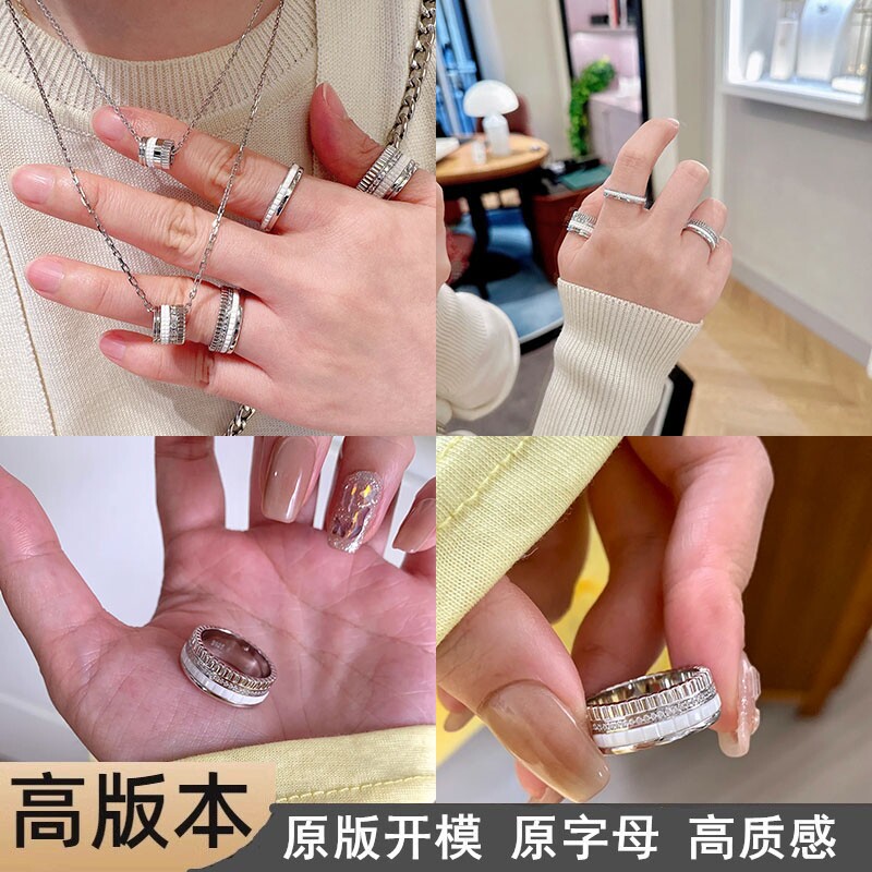 S925纯银三排钻黑陶瓷菱格精工戒指高级感耳钉齿轮状欧美范指环