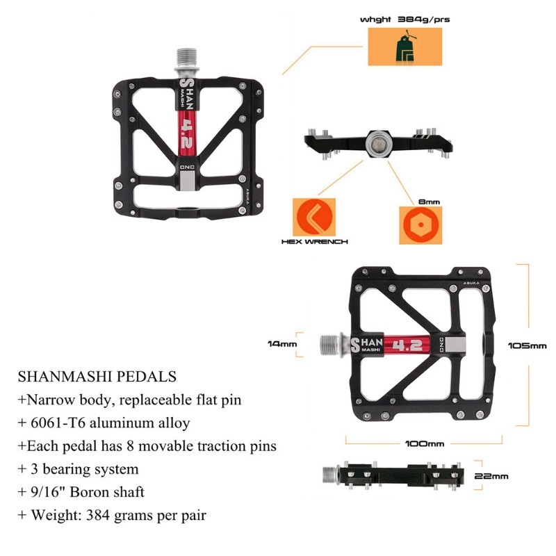 山马士4.2脚踏板山地车3轴承脚蹬子自行车培林踩踏板平板宽脚踏板