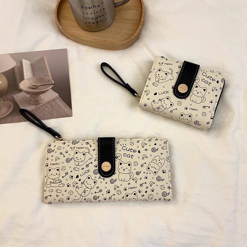 新款日系可爱猫咪卡通两折钱包多功能大容量搭扣卡包女零钱包钱夹