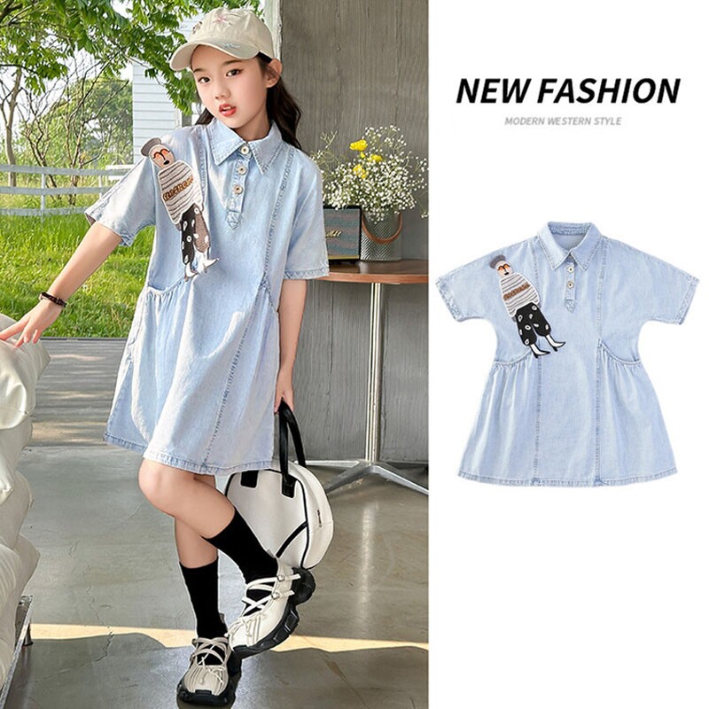女童夏季新款牛仔连衣裙中大儿童洋气薄款裙子女孩时髦短袖衬衫裙