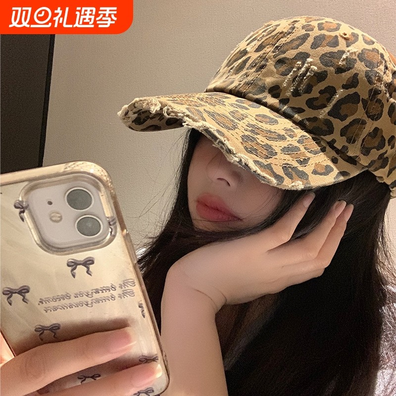 美式复古豹纹做旧棒球帽子女春夏磨毛软顶y2k显脸小ins辣妹鸭舌