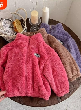秋冬儿童法兰绒外套男女童纯色珊瑚绒加绒加厚保暖长袖上衣AA75