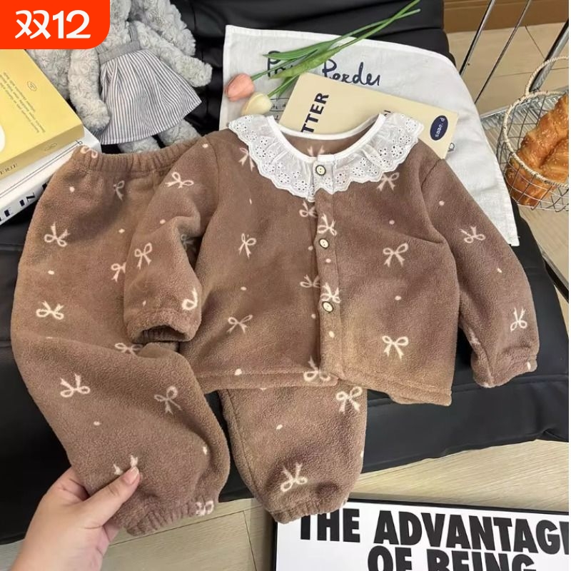 新款儿童保暖套装冬款男童外穿女童加绒对襟睡衣宝宝加厚家居服