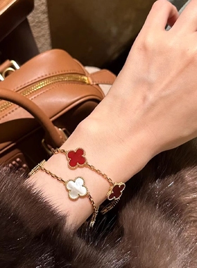 2025新款四叶草玛瑙石五花手链女轻奢高级感18K玫瑰金白金色手串