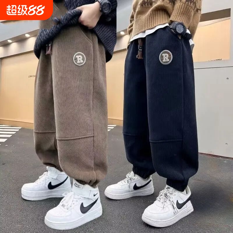 男童裤子春秋冬款2024新款中大童灯芯绒加绒卫裤一体绒长裤潮纯棉