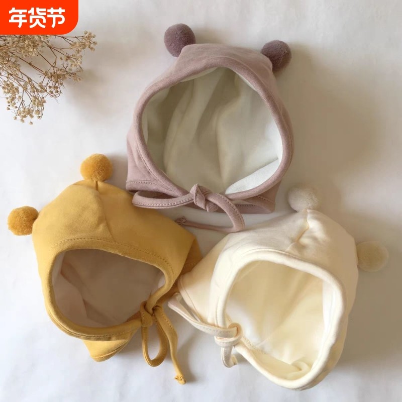 婴儿帽子春秋款男女宝宝秋冬季可爱超萌护耳加绒球球帽新生儿胎帽