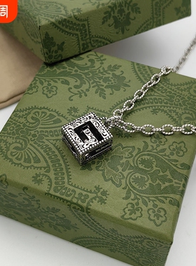 古家925银字母方形G项链雕花镂空吊坠做旧长款织纹链男女项链礼物