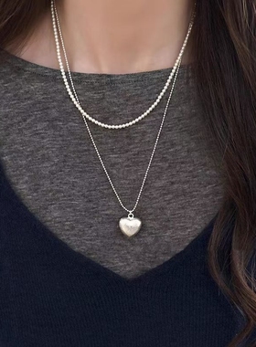 简约百搭拉丝爱心珍珠叠戴项链女轻奢小众高级感锁骨链银白色颈链