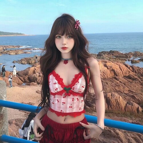 26新款泳衣蕾丝花边吊带樱桃印花甜美少女遮肉显瘦露腰海边度假女