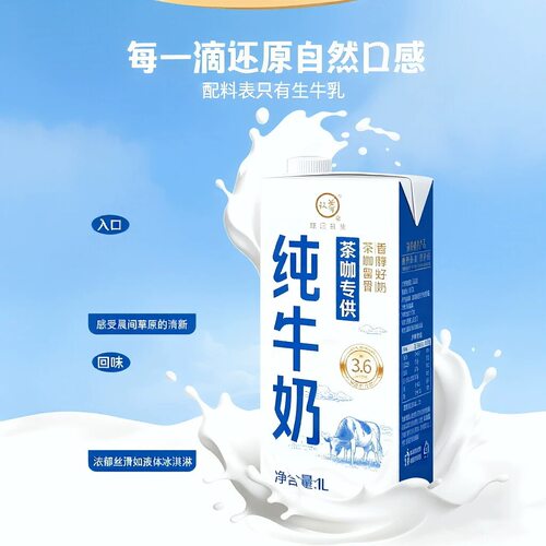 1月份生产悠纯茶咖3.6蛋白纯牛奶1L*2盒饮品拉花专用牛乳新鲜瓶装