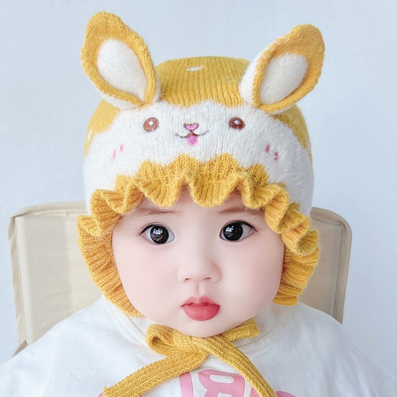 婴儿帽子秋冬季公主女宝宝针织毛线帽可小兔子婴幼儿女童护耳帽潮