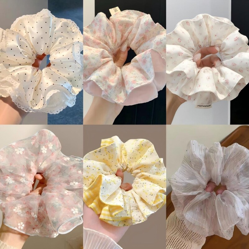 蜜桃发圈~粉色碎花双层大肠女高级感头绳丸子头超大发饰波点缎面