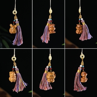 檀香木十二生肖手机链汽车包挂件小动物钥匙扣挂件多彩流苏配饰