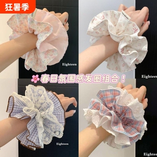 大肠发圈韩系蕾丝格子四层丸子马尾发饰超大头绳发绳蝴蝶结双层