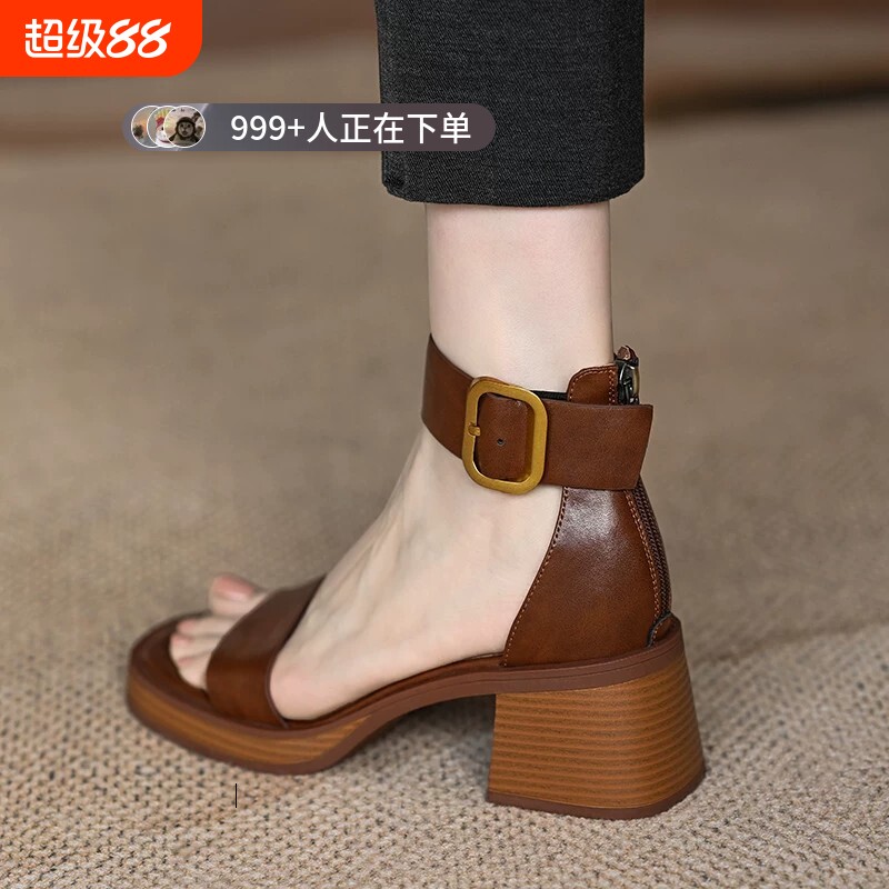 厚底一字带凉鞋女2026新款真皮夏季高跟粗跟防水台罗马鞋黑色牛皮图片