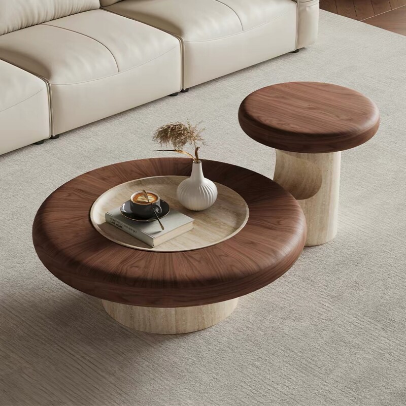 简约现代洞石纹理茶几客厅家用圆形中古风茶几轻奢高级感边几组合