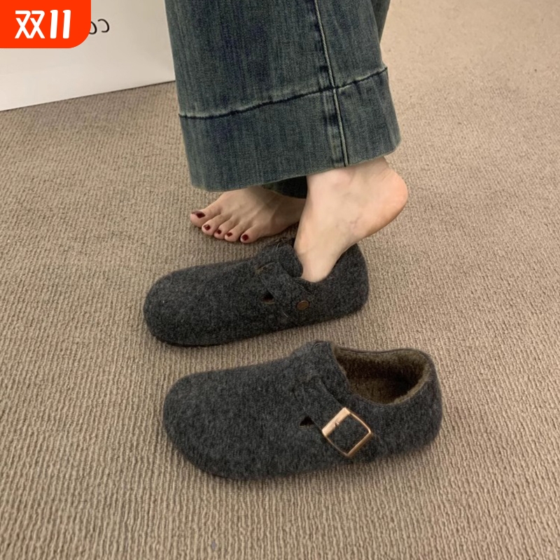 复古圆头毛毡加绒勃肯鞋女加绒秋冬季一脚蹬保暖棉瓢鞋毛呢乐福鞋