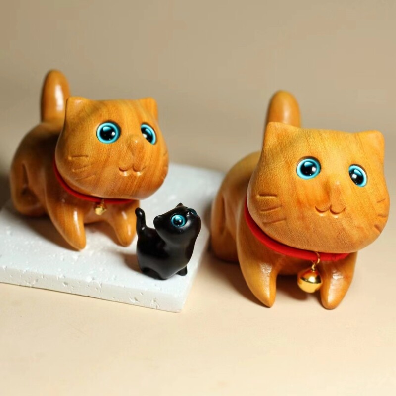 檀木雕刻自信猫实木动物手把件可爱卡通小猫咪摆件把玩工艺品礼物