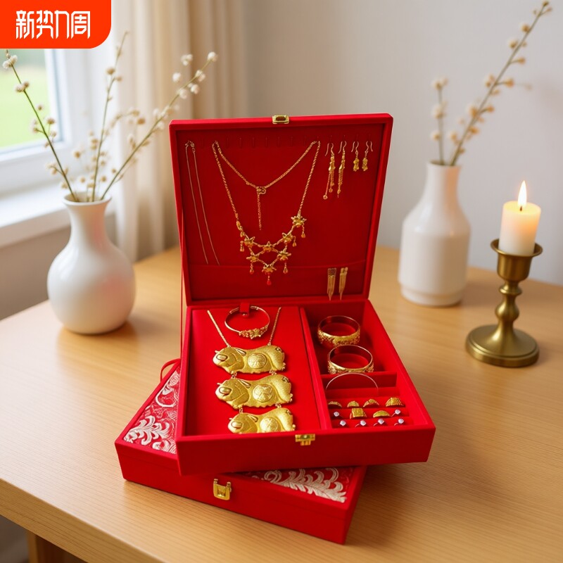 婚庆首饰盒大号手镯项链戒指多件套装收纳盒婚礼首饰收纳绒布金银