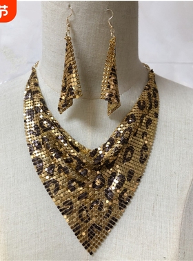 欧美三角巾亮珠片丝巾假领项链套装 个性夸张锁骨项链耳环耳坠女