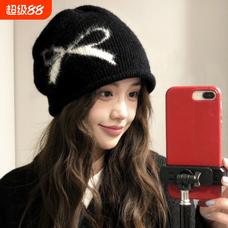 感可爱蝴蝶结拉毛帽子韩系ins休闲百搭护耳堆堆帽潮黑色灰色冬季