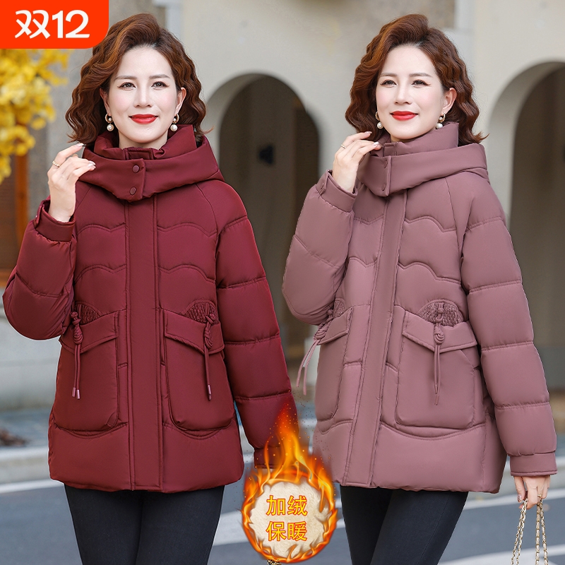 中年妈妈冬季羽绒棉服女2025新款红色中长款中老年女装上衣外套