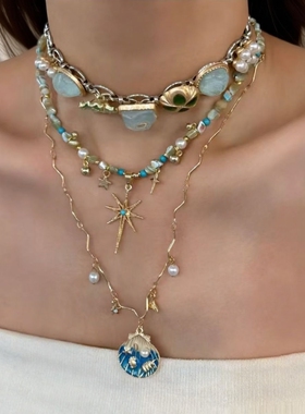 古着vintage项链蓝金色贝壳星芒串珠项链叠戴小众轻奢时尚复古风