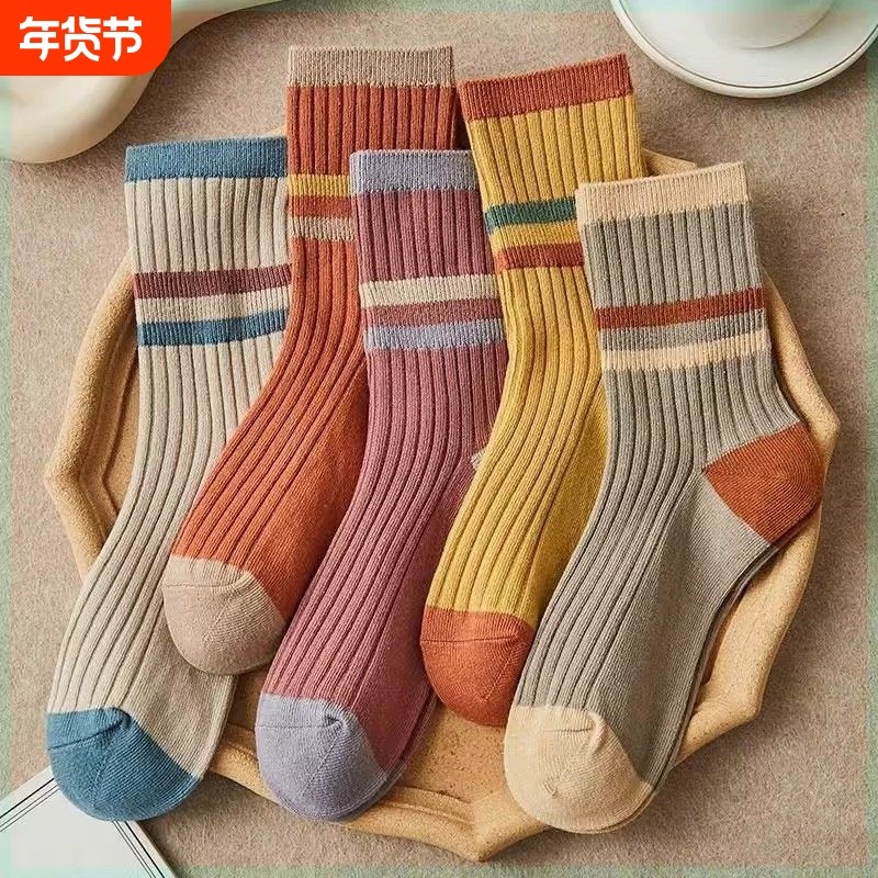 袜子女中筒ins潮韩版糖果色秋冬季透气防臭拼色时尚百搭长筒袜女