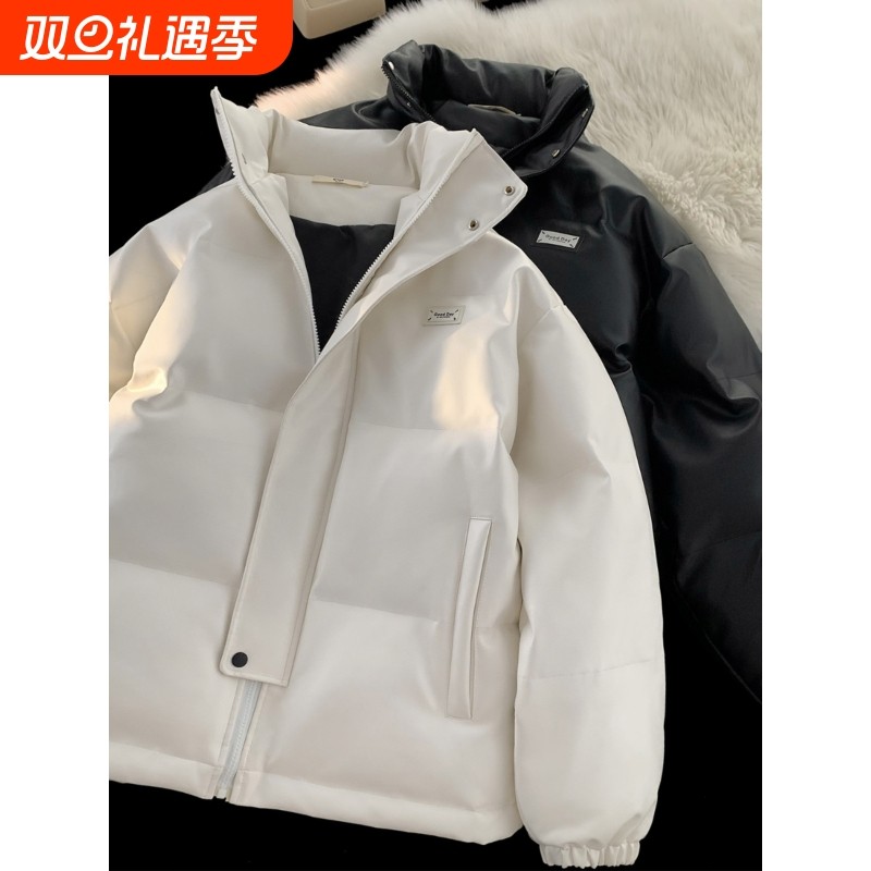 户外冬季男士羽绒服外套短款立领宽松加厚保暖面包服情侣PU皮棉袄