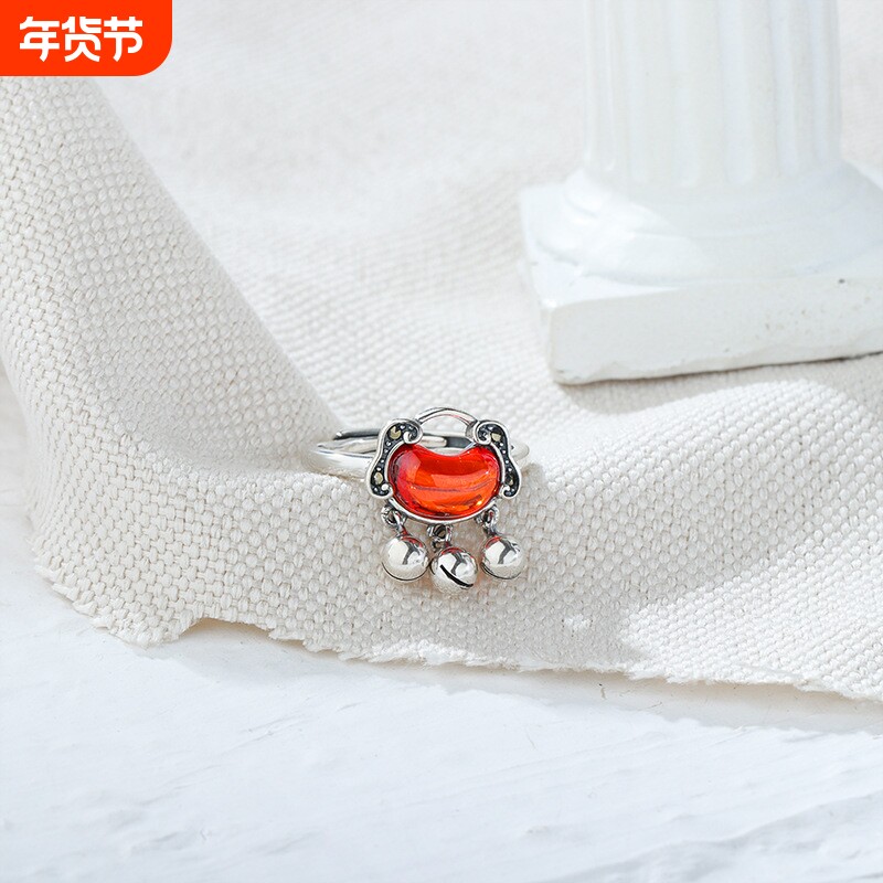 s925纯银长命锁戒指女泰银复古做旧工艺石榴石平安铃铛指环可调节