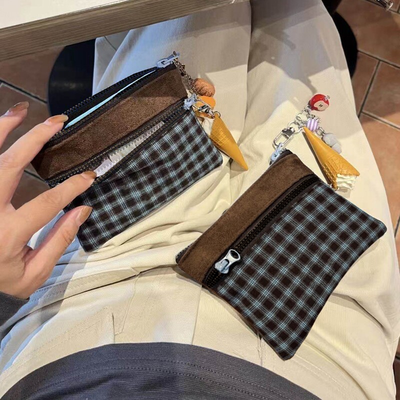 美式撞色蓝咖格子布艺零钱包双层迷你化妆包卡包证件袋ccd收纳包										