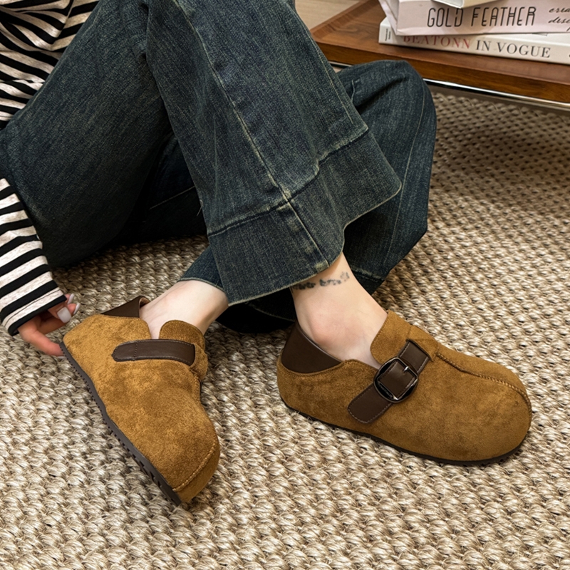 厚底内增高薄绒勃肯鞋女2025秋冬新款丑萌一脚蹬毛绒棕色加绒单鞋