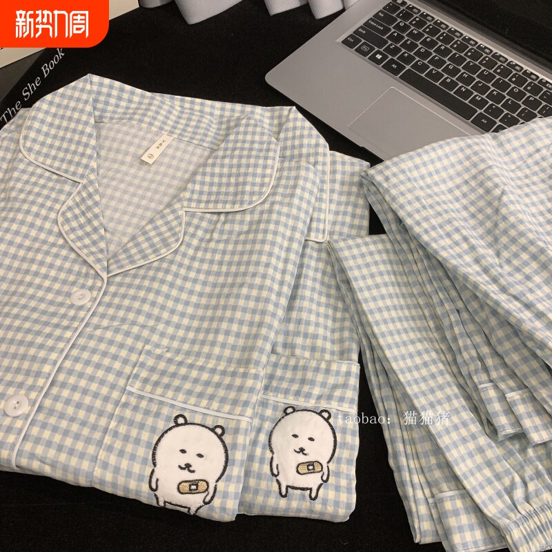 红豆格子自嘲熊男士睡衣女春秋纯棉长袖套装宽松休闲情侣可外穿家