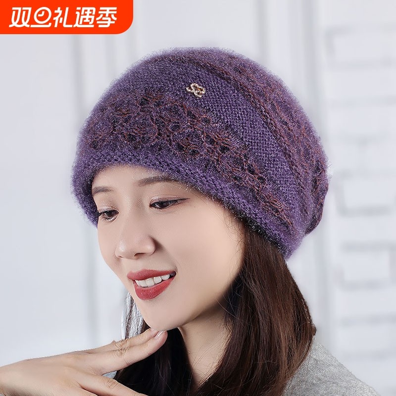 双层帽子女冬季松鼠绒镂空新款针织毛线帽双层保暖护耳堆堆包头帽