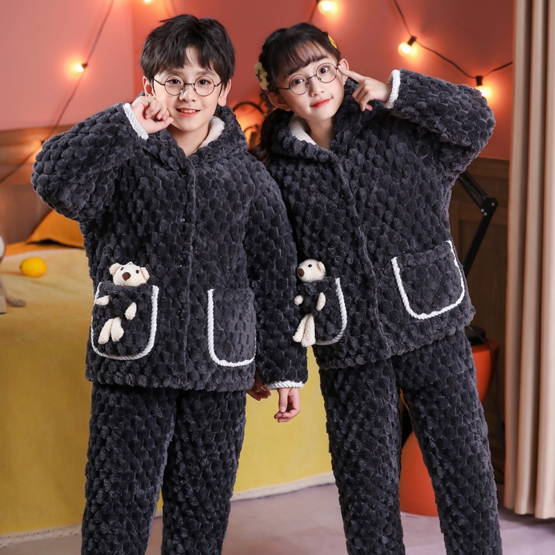 儿童睡衣冬季三层夹棉加厚法兰绒