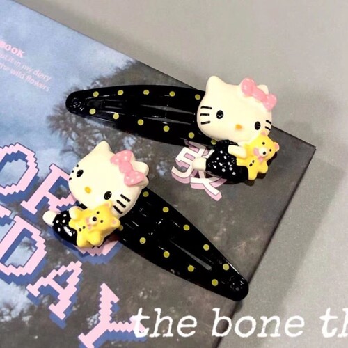 少女波点印花kt发夹bb黑色卡通y2k学生可爱复古刘海头饰侧边发饰