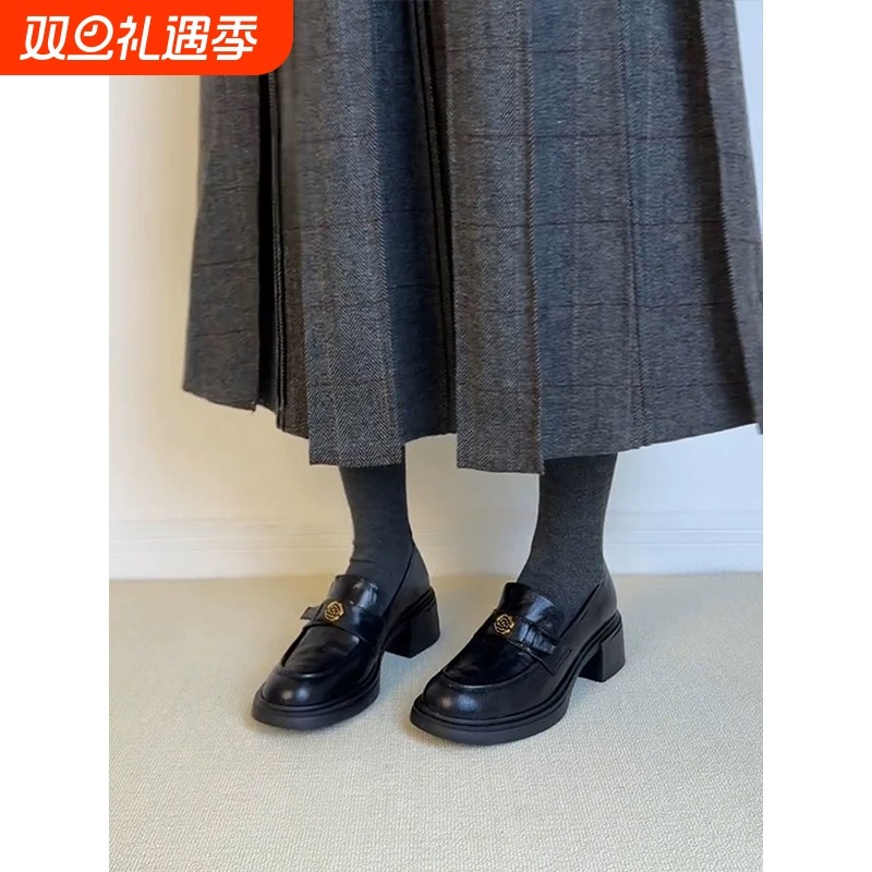软皮版~粗跟厚底山茶花乐福鞋女英伦风单鞋一脚蹬小皮鞋黑色中跟
