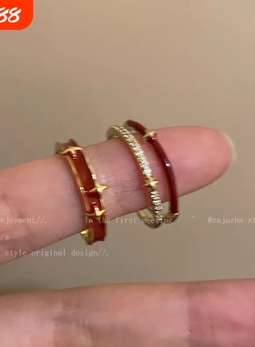 双层红色星星戒指女ins小众设计感开口可调节指环个性百搭食指戒