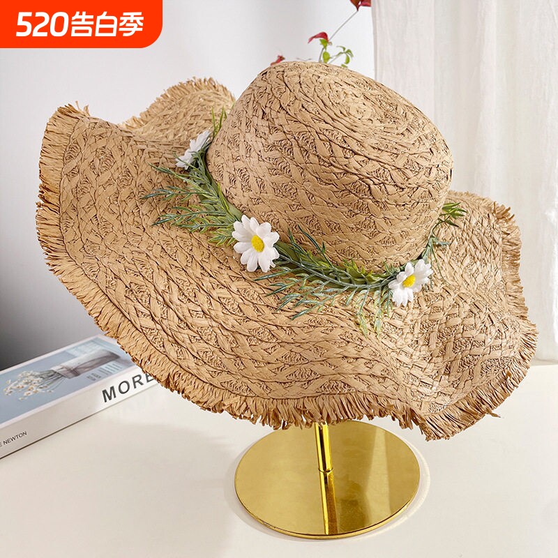 夏季海边沙滩度假风拍照花朵大帽檐草帽女百搭简约遮阳防晒帽子潮