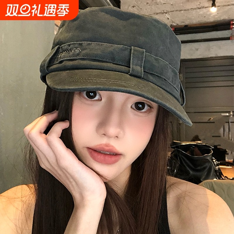 复古做旧休闲平顶帽女四季新款户外显脸小弯檐鸭舌帽子贝雷帽
