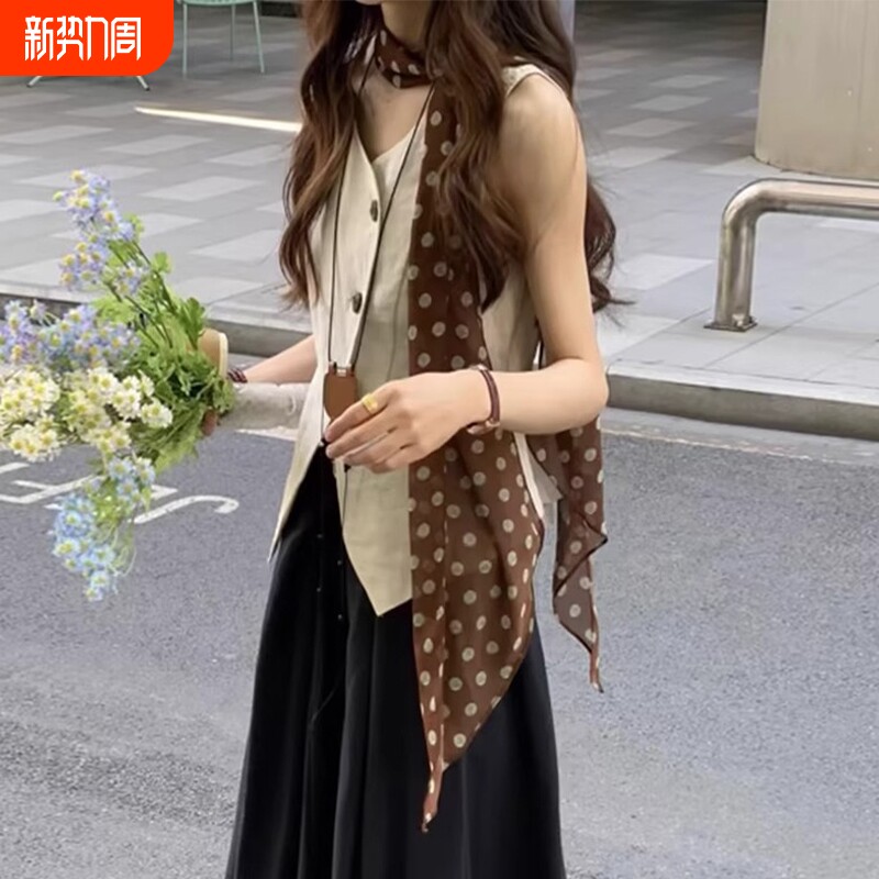 新款法式复古棕色波点丝巾女薄款长条围巾系脖子飘带领巾配饰颈饰