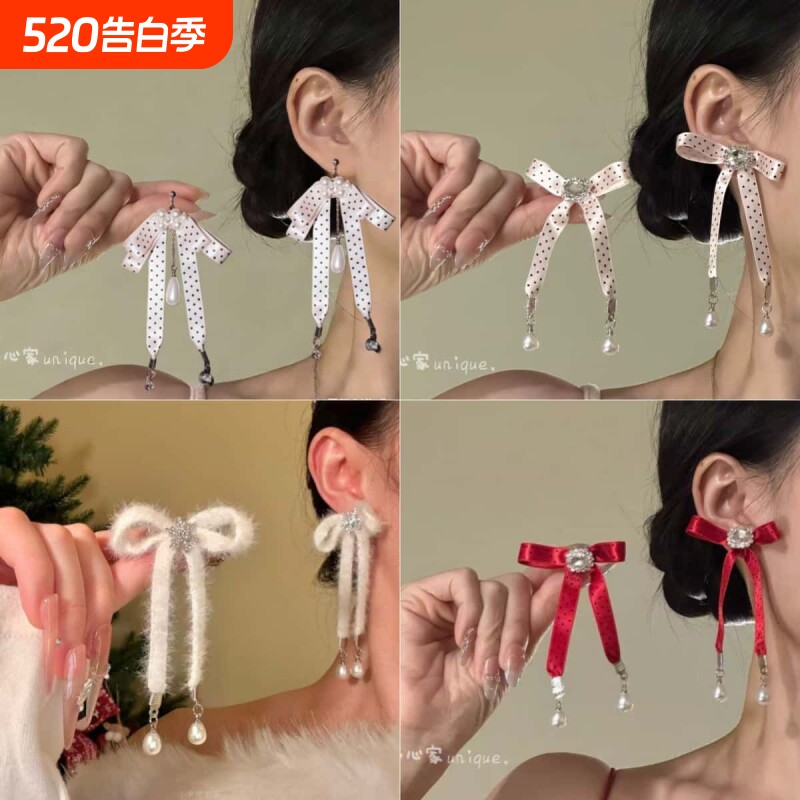 小众miu系 桃乐丝·粉色波点蝴蝶结耳环日系芭蕾丝带耳饰小众耳夹