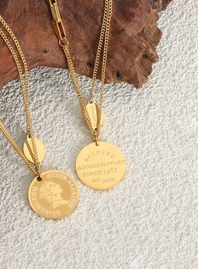 西太后复古圆形椭圆牌人像吊坠项链小众个性拼接双层锁骨链饰品女