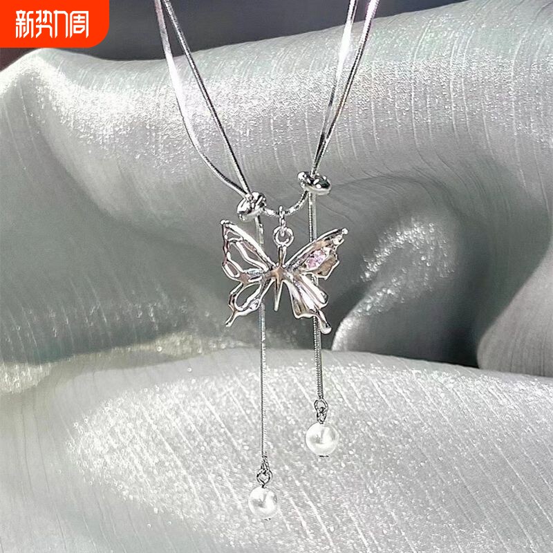 个性抽拉蝴蝶项链ins小众高级感温柔甜酷银色轻奢双层蝴蝶锁骨链