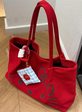 HelloKitty凯蒂猫帆布托特包单肩通勤大容量学生女2025新款红色