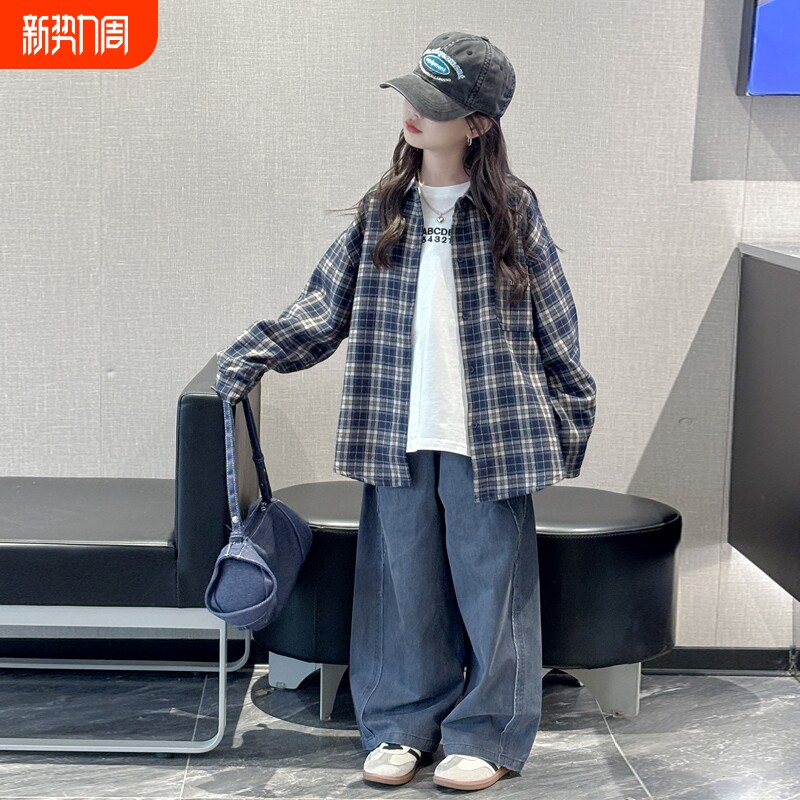 女童格子衬衫春秋2025新款洋气女孩大童秋装时髦外套儿童韩版衬衣