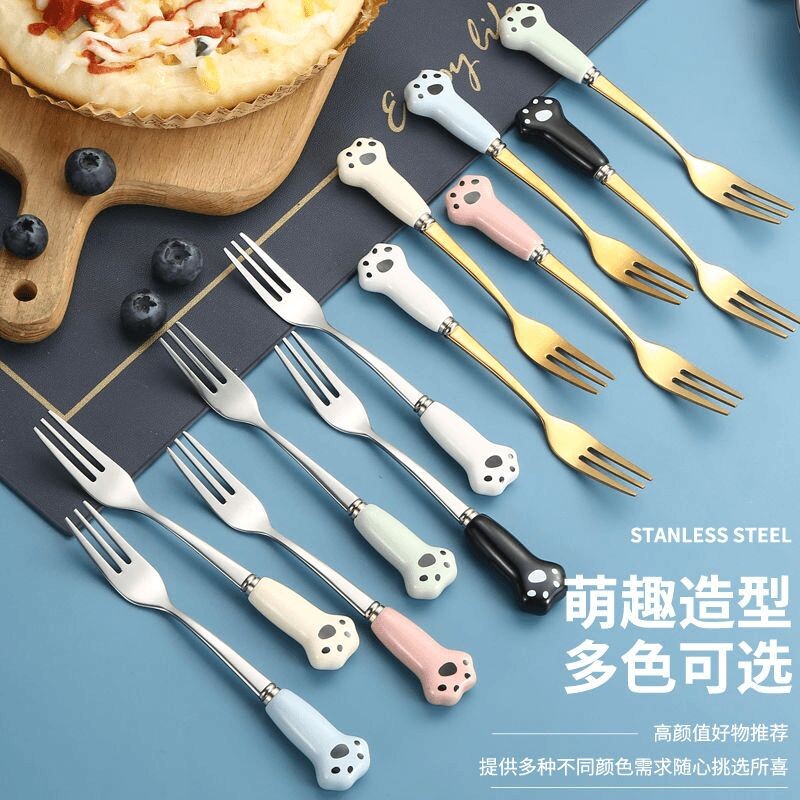 不锈钢猫爪水果叉可爱甜品叉创意蛋糕叉子月饼叉家用高档水果叉勺