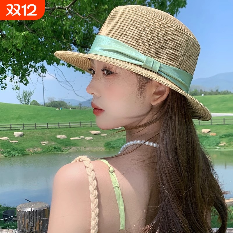法式平顶草帽女夏季海边沙滩度假大帽檐防晒遮阳帽子时尚礼帽旅行