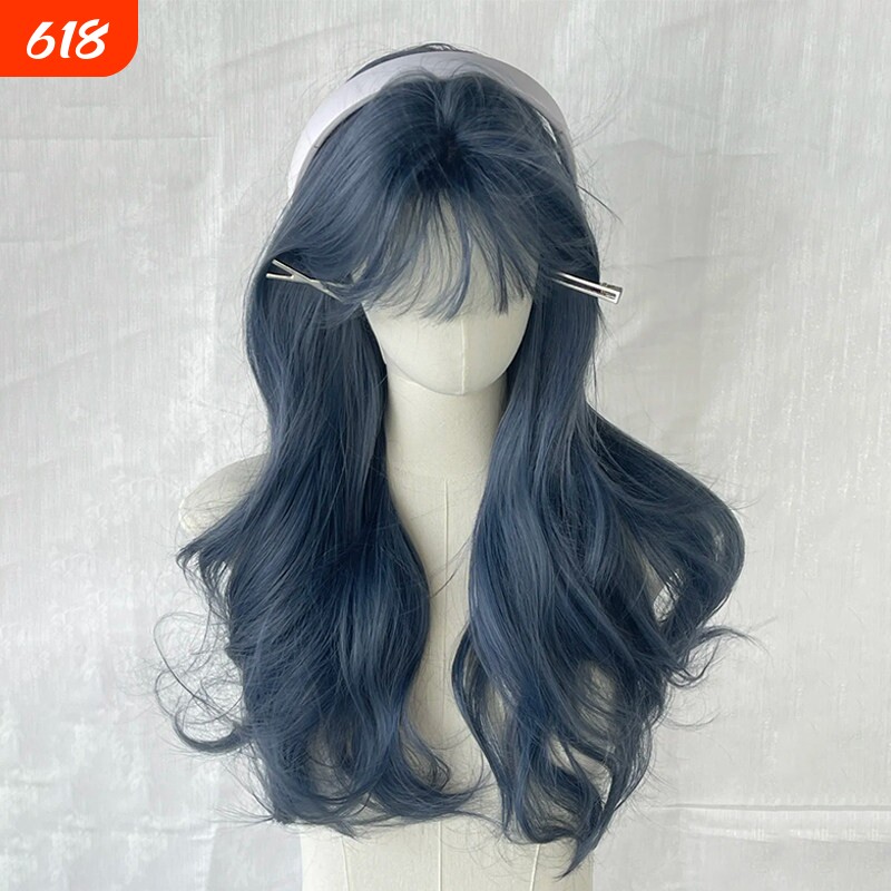 雾霾蓝假发女长发全头套女齐刘海lolita显白发色长卷发整顶假发套