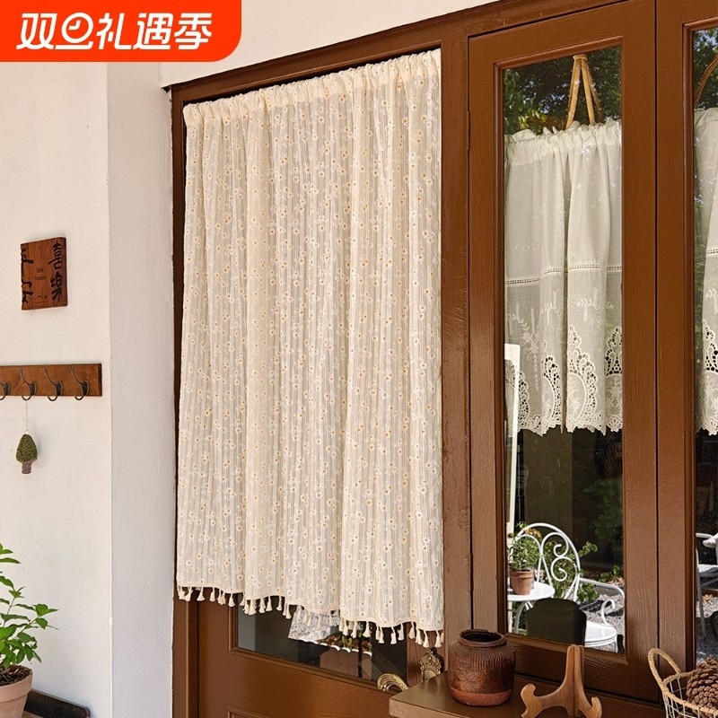 复古小雏菊半帘窗帘厨房卧室隔断帘橱柜遮挡帘家用免打孔布艺门帘